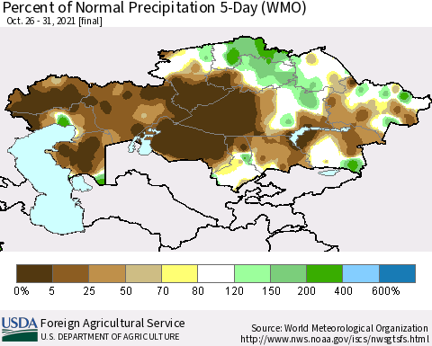 Kazakhstan Percent of Normal Precipitation 5-Day (WMO) Thematic Map For 10/26/2021 - 10/31/2021