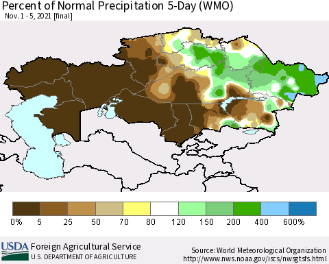 Kazakhstan Percent of Normal Precipitation 5-Day (WMO) Thematic Map For 11/1/2021 - 11/5/2021