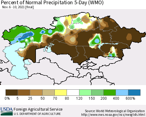 Kazakhstan Percent of Normal Precipitation 5-Day (WMO) Thematic Map For 11/6/2021 - 11/10/2021