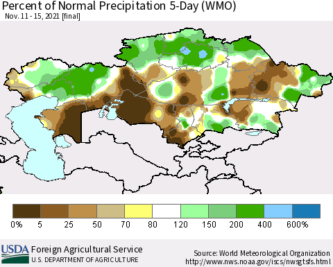 Kazakhstan Percent of Normal Precipitation 5-Day (WMO) Thematic Map For 11/11/2021 - 11/15/2021