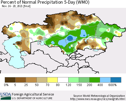 Kazakhstan Percent of Normal Precipitation 5-Day (WMO) Thematic Map For 11/16/2021 - 11/20/2021