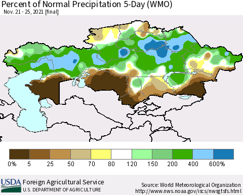 Kazakhstan Percent of Normal Precipitation 5-Day (WMO) Thematic Map For 11/21/2021 - 11/25/2021