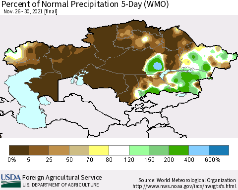 Kazakhstan Percent of Normal Precipitation 5-Day (WMO) Thematic Map For 11/26/2021 - 11/30/2021