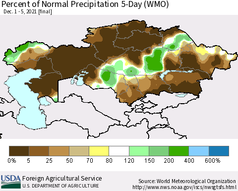Kazakhstan Percent of Normal Precipitation 5-Day (WMO) Thematic Map For 12/1/2021 - 12/5/2021