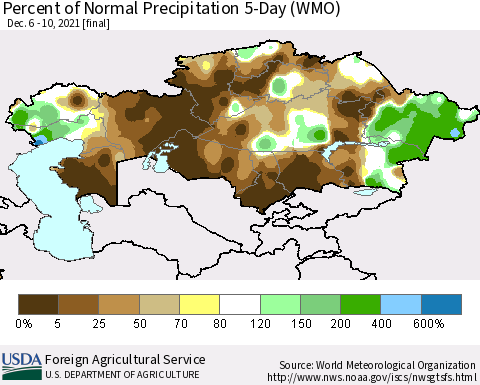 Kazakhstan Percent of Normal Precipitation 5-Day (WMO) Thematic Map For 12/6/2021 - 12/10/2021