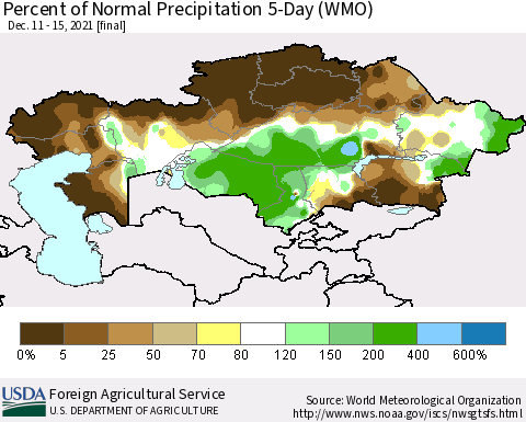 Kazakhstan Percent of Normal Precipitation 5-Day (WMO) Thematic Map For 12/11/2021 - 12/15/2021