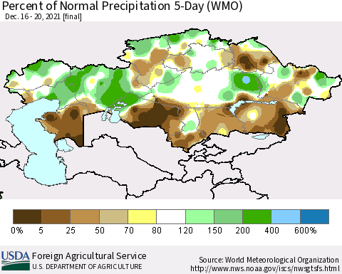 Kazakhstan Percent of Normal Precipitation 5-Day (WMO) Thematic Map For 12/16/2021 - 12/20/2021