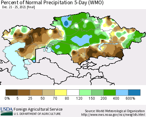 Kazakhstan Percent of Normal Precipitation 5-Day (WMO) Thematic Map For 12/21/2021 - 12/25/2021