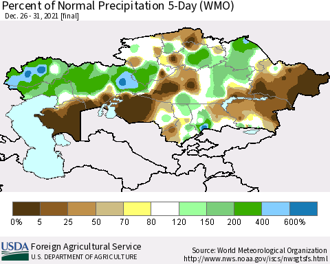 Kazakhstan Percent of Normal Precipitation 5-Day (WMO) Thematic Map For 12/26/2021 - 12/31/2021