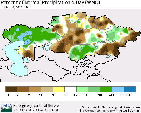 Kazakhstan Percent of Normal Precipitation 5-Day (WMO) Thematic Map For 1/1/2022 - 1/5/2022