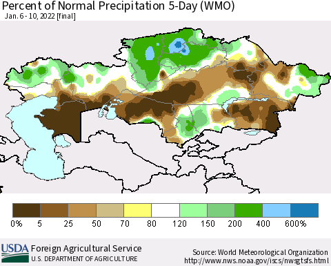 Kazakhstan Percent of Normal Precipitation 5-Day (WMO) Thematic Map For 1/6/2022 - 1/10/2022