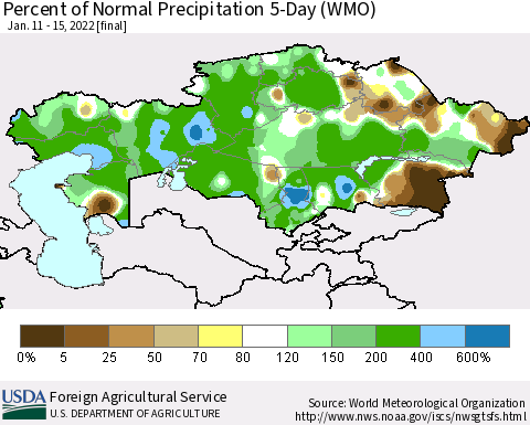 Kazakhstan Percent of Normal Precipitation 5-Day (WMO) Thematic Map For 1/11/2022 - 1/15/2022