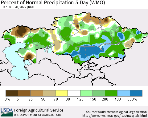 Kazakhstan Percent of Normal Precipitation 5-Day (WMO) Thematic Map For 1/16/2022 - 1/20/2022