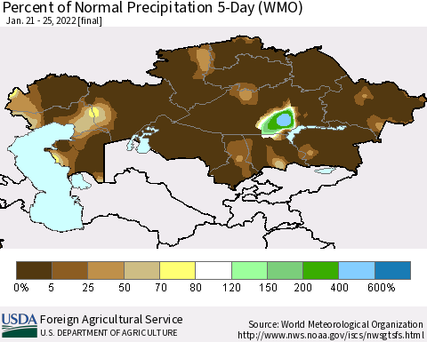 Kazakhstan Percent of Normal Precipitation 5-Day (WMO) Thematic Map For 1/21/2022 - 1/25/2022