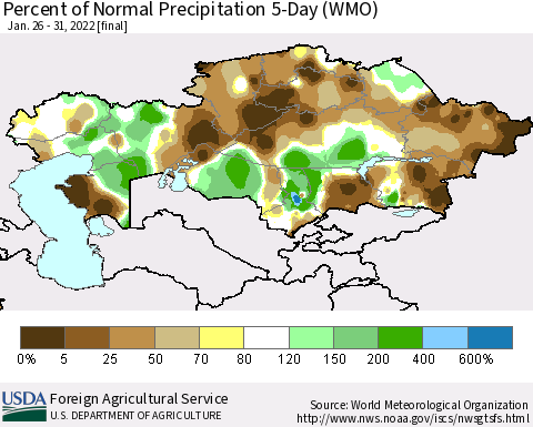 Kazakhstan Percent of Normal Precipitation 5-Day (WMO) Thematic Map For 1/26/2022 - 1/31/2022