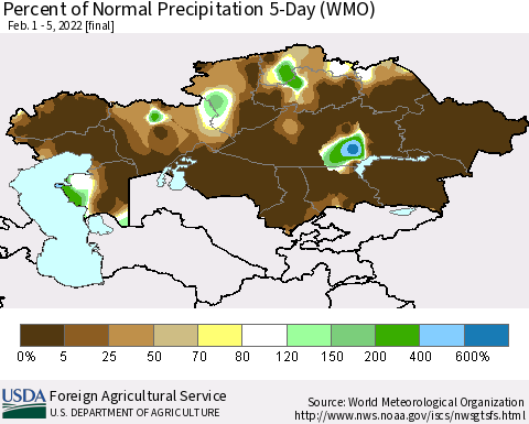 Kazakhstan Percent of Normal Precipitation 5-Day (WMO) Thematic Map For 2/1/2022 - 2/5/2022