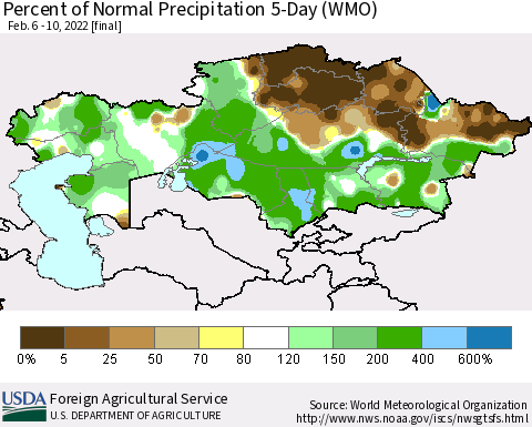 Kazakhstan Percent of Normal Precipitation 5-Day (WMO) Thematic Map For 2/6/2022 - 2/10/2022