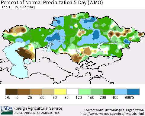 Kazakhstan Percent of Normal Precipitation 5-Day (WMO) Thematic Map For 2/11/2022 - 2/15/2022