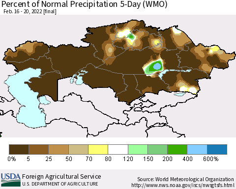 Kazakhstan Percent of Normal Precipitation 5-Day (WMO) Thematic Map For 2/16/2022 - 2/20/2022