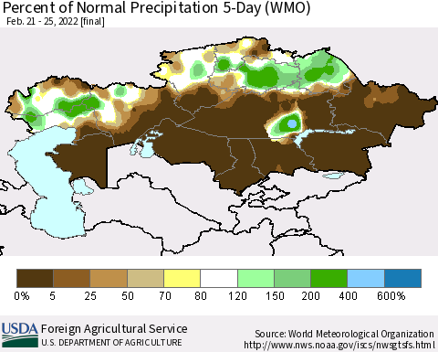 Kazakhstan Percent of Normal Precipitation 5-Day (WMO) Thematic Map For 2/21/2022 - 2/25/2022