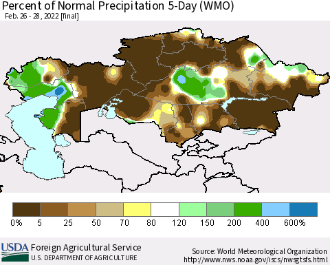 Kazakhstan Percent of Normal Precipitation 5-Day (WMO) Thematic Map For 2/26/2022 - 2/28/2022