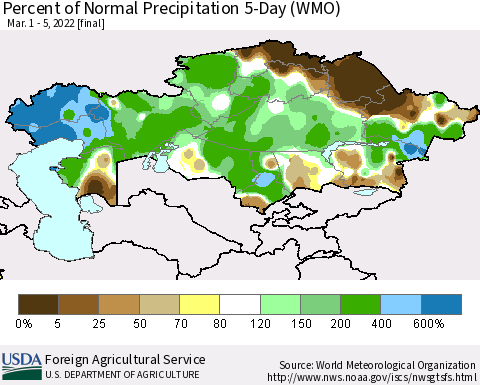 Kazakhstan Percent of Normal Precipitation 5-Day (WMO) Thematic Map For 3/1/2022 - 3/5/2022