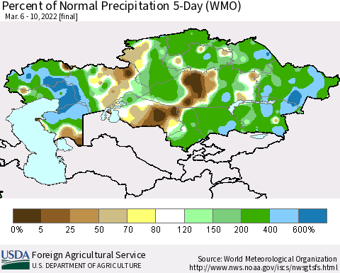 Kazakhstan Percent of Normal Precipitation 5-Day (WMO) Thematic Map For 3/6/2022 - 3/10/2022