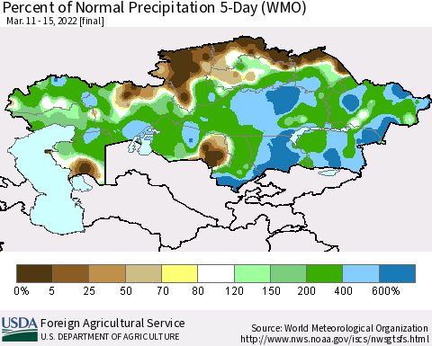 Kazakhstan Percent of Normal Precipitation 5-Day (WMO) Thematic Map For 3/11/2022 - 3/15/2022