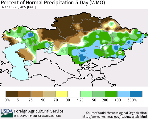 Kazakhstan Percent of Normal Precipitation 5-Day (WMO) Thematic Map For 3/16/2022 - 3/20/2022