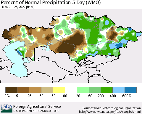 Kazakhstan Percent of Normal Precipitation 5-Day (WMO) Thematic Map For 3/21/2022 - 3/25/2022