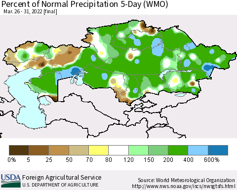 Kazakhstan Percent of Normal Precipitation 5-Day (WMO) Thematic Map For 3/26/2022 - 3/31/2022