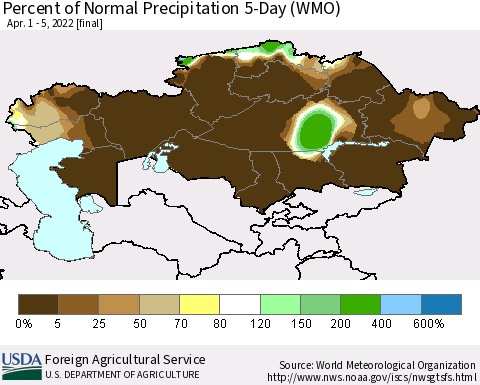 Kazakhstan Percent of Normal Precipitation 5-Day (WMO) Thematic Map For 4/1/2022 - 4/5/2022