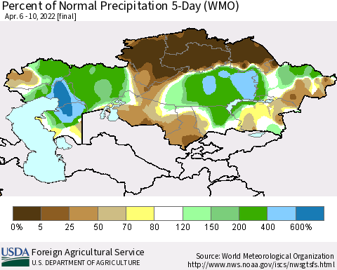 Kazakhstan Percent of Normal Precipitation 5-Day (WMO) Thematic Map For 4/6/2022 - 4/10/2022