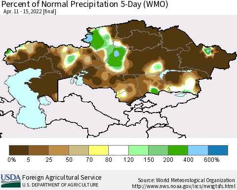 Kazakhstan Percent of Normal Precipitation 5-Day (WMO) Thematic Map For 4/11/2022 - 4/15/2022