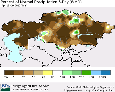 Kazakhstan Percent of Normal Precipitation 5-Day (WMO) Thematic Map For 4/16/2022 - 4/20/2022