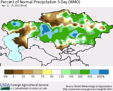 Kazakhstan Percent of Normal Precipitation 5-Day (WMO) Thematic Map For 4/21/2022 - 4/25/2022