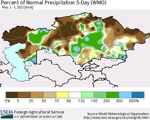 Kazakhstan Percent of Normal Precipitation 5-Day (WMO) Thematic Map For 5/1/2022 - 5/5/2022