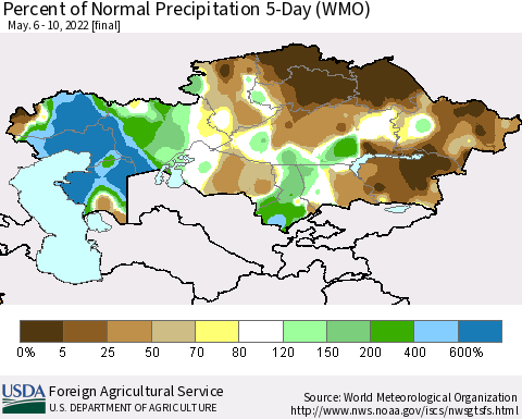 Kazakhstan Percent of Normal Precipitation 5-Day (WMO) Thematic Map For 5/6/2022 - 5/10/2022