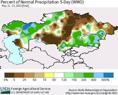 Kazakhstan Percent of Normal Precipitation 5-Day (WMO) Thematic Map For 5/11/2022 - 5/15/2022