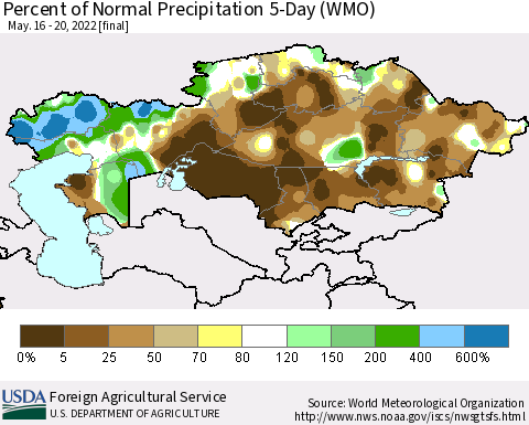 Kazakhstan Percent of Normal Precipitation 5-Day (WMO) Thematic Map For 5/16/2022 - 5/20/2022