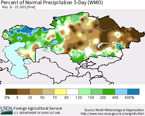 Kazakhstan Percent of Normal Precipitation 5-Day (WMO) Thematic Map For 5/21/2022 - 5/25/2022