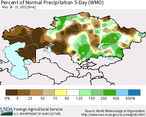 Kazakhstan Percent of Normal Precipitation 5-Day (WMO) Thematic Map For 5/26/2022 - 5/31/2022