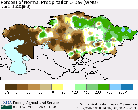 Kazakhstan Percent of Normal Precipitation 5-Day (WMO) Thematic Map For 6/1/2022 - 6/5/2022