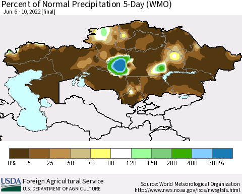 Kazakhstan Percent of Normal Precipitation 5-Day (WMO) Thematic Map For 6/6/2022 - 6/10/2022