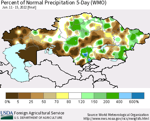 Kazakhstan Percent of Normal Precipitation 5-Day (WMO) Thematic Map For 6/11/2022 - 6/15/2022