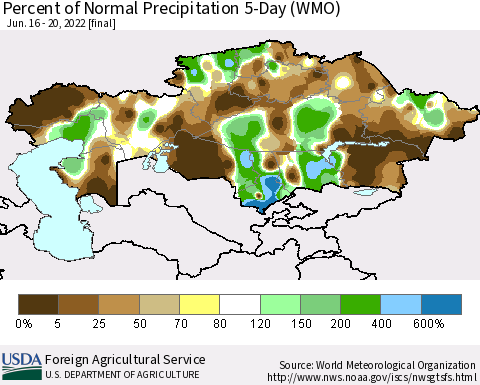 Kazakhstan Percent of Normal Precipitation 5-Day (WMO) Thematic Map For 6/16/2022 - 6/20/2022