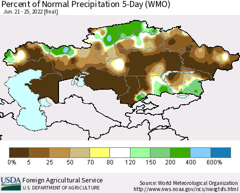 Kazakhstan Percent of Normal Precipitation 5-Day (WMO) Thematic Map For 6/21/2022 - 6/25/2022