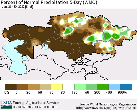 Kazakhstan Percent of Normal Precipitation 5-Day (WMO) Thematic Map For 6/26/2022 - 6/30/2022