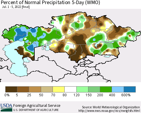 Kazakhstan Percent of Normal Precipitation 5-Day (WMO) Thematic Map For 7/1/2022 - 7/5/2022