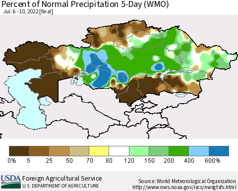 Kazakhstan Percent of Normal Precipitation 5-Day (WMO) Thematic Map For 7/6/2022 - 7/10/2022
